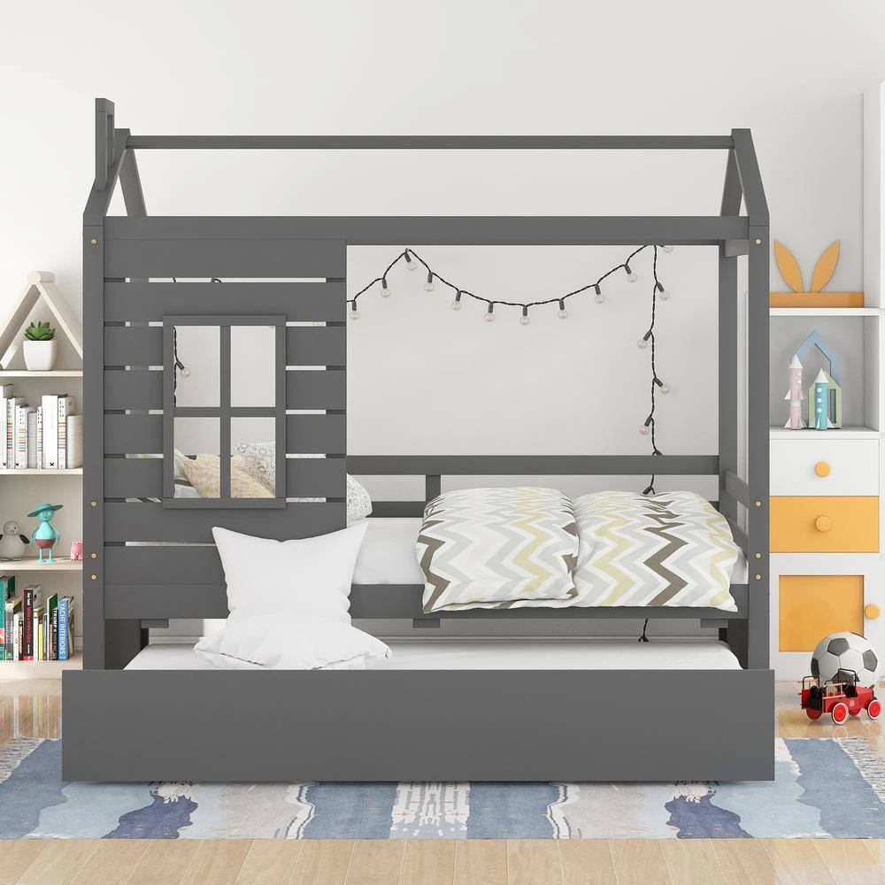 Gray Twin Size House Bed Wood Bed with Twin Size Trundle by GODEER - Image 10