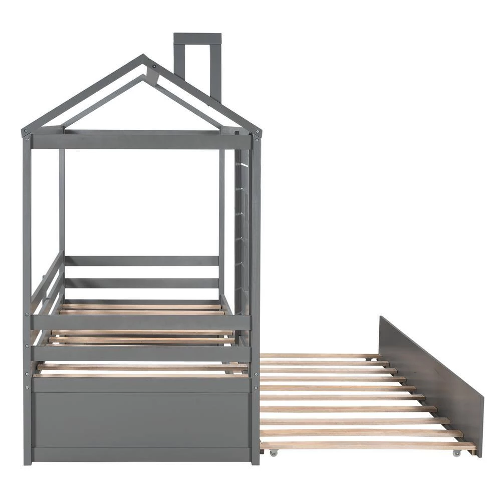 Gray Twin Size House Bed Wood Bed with Twin Size Trundle by GODEER - Image 3
