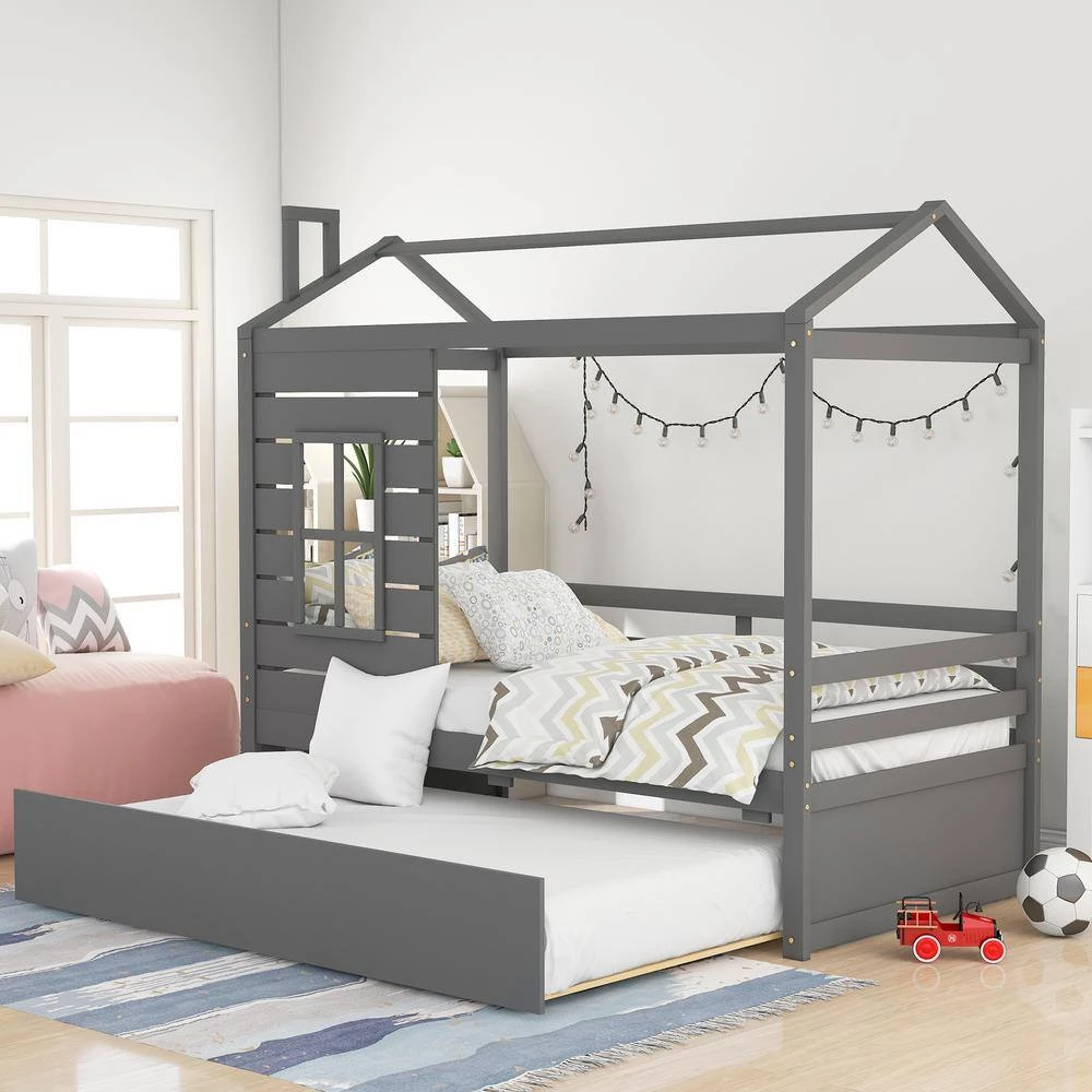 Gray Twin Size House Bed Wood Bed with Twin Size Trundle by GODEER - Image 2