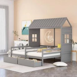 Gray Twin House Bed with 2-Drawers by GODEER