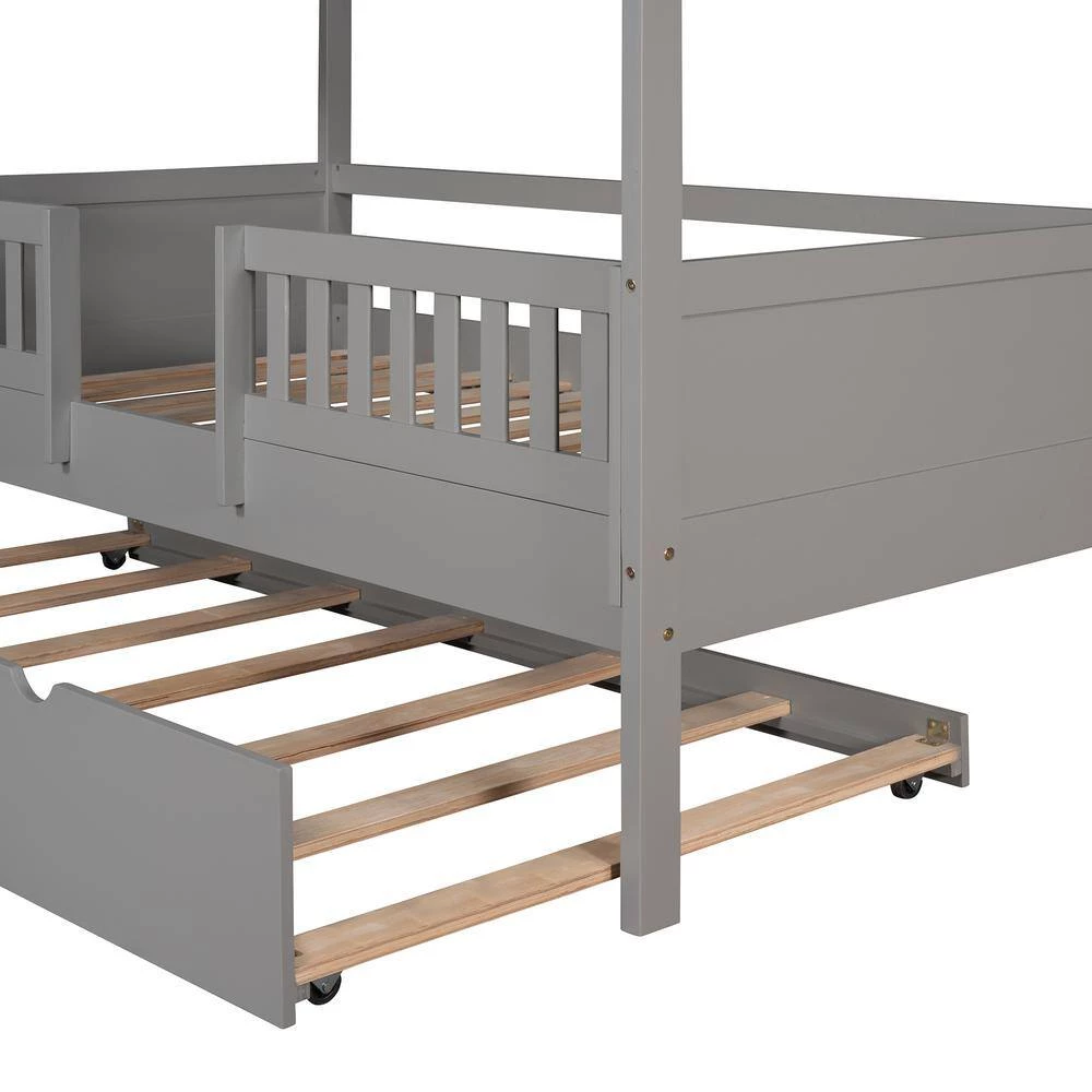 Gray Twin Size House Bed Wood Bed with Twin Size Trundle by GODEER - Image 9