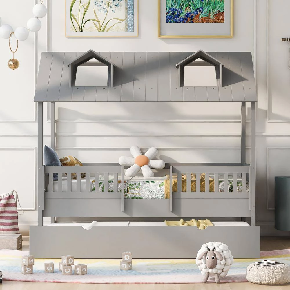 Gray Twin Size House Bed Wood Bed with Twin Size Trundle by GODEER - Image 10