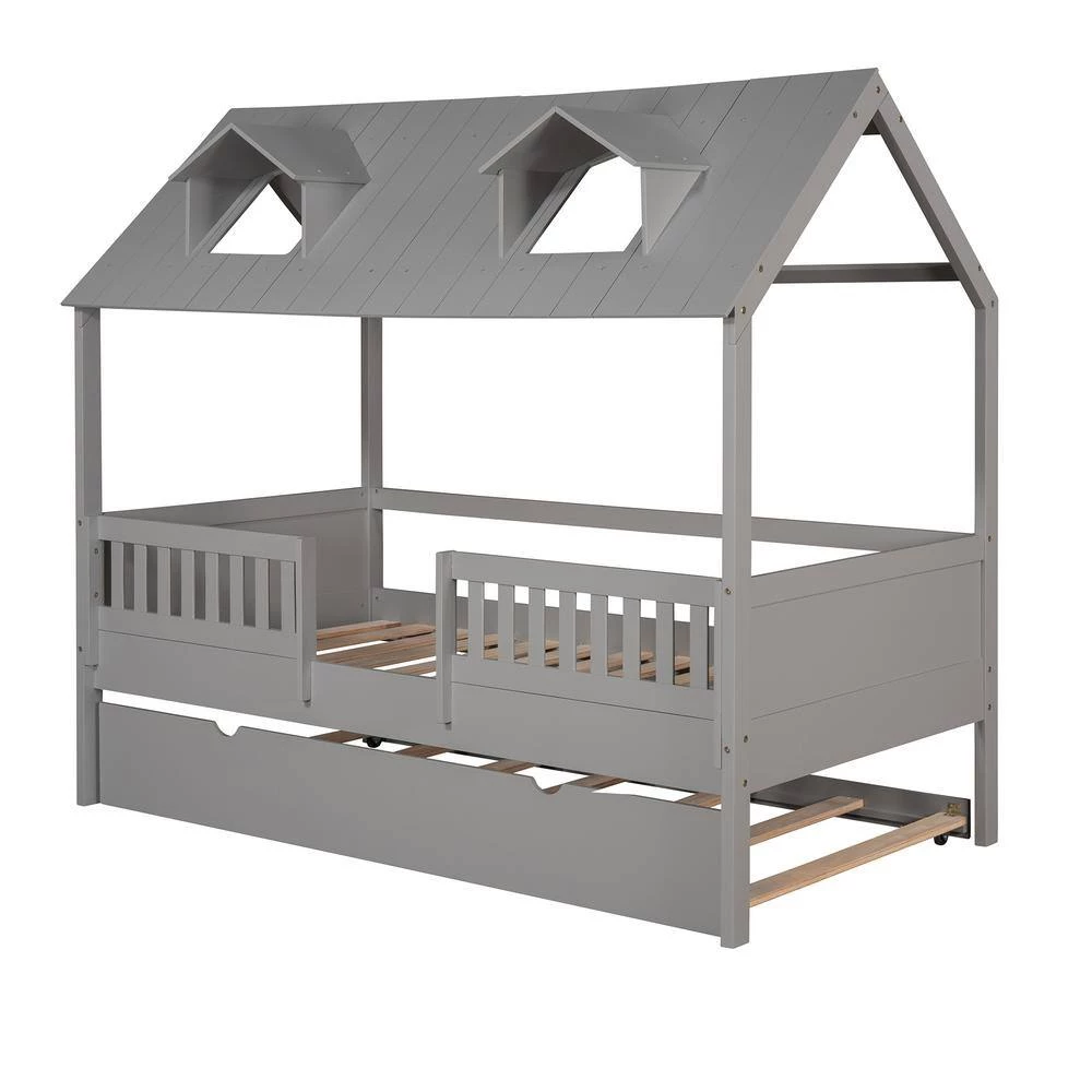 Gray Twin Size House Bed Wood Bed with Twin Size Trundle by GODEER - Image 3