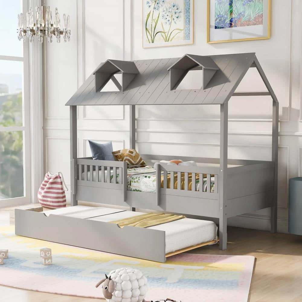 Gray Twin Size House Bed Wood Bed with Twin Size Trundle by GODEER
