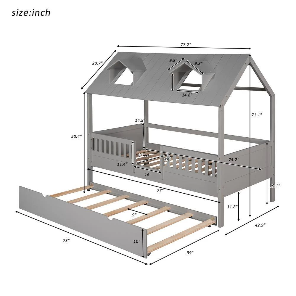 Gray Twin Size House Bed Wood Bed with Twin Size Trundle by GODEER - Image 5