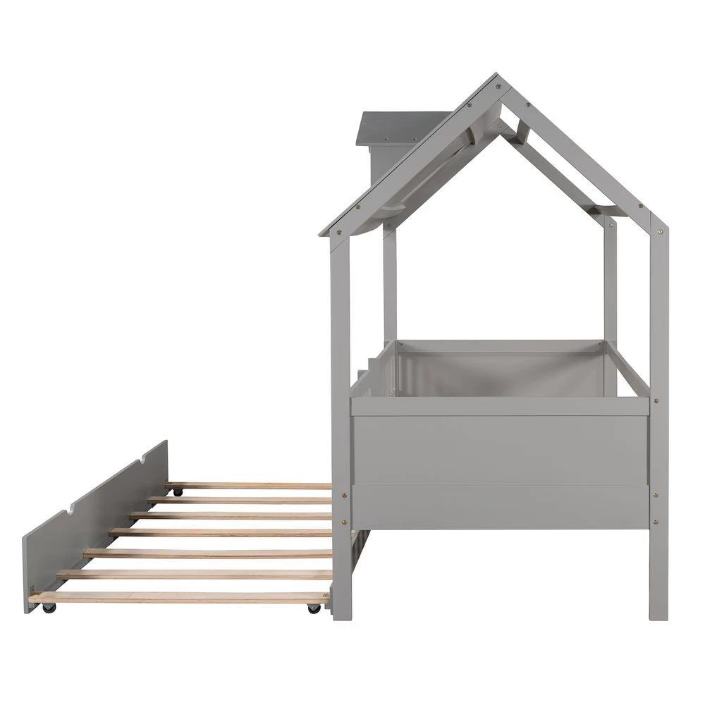 Gray Twin Size House Bed Wood Bed with Twin Size Trundle by GODEER - Image 4