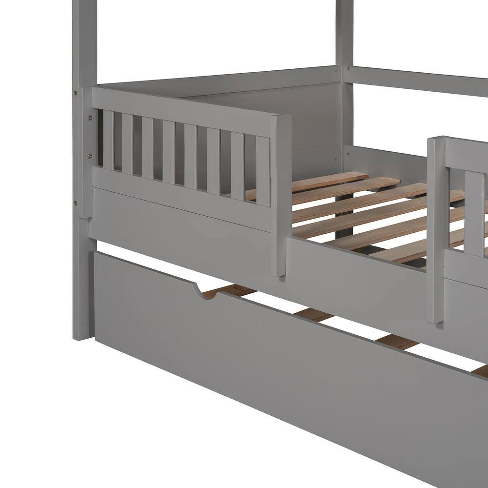 Gray Twin Size House Bed Wood Bed with Twin Size Trundle by GODEER - Image 7