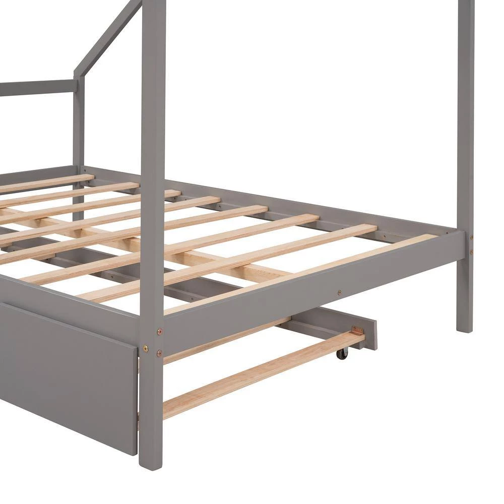 Gray Full Size Wooden House. Bed with Twin Size Trundle by GODEER - Image 9