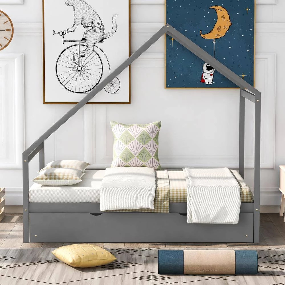 Gray Full Size Wooden House. Bed with Twin Size Trundle by GODEER - Image 11