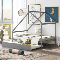 Gray Full Size Wooden House. Bed with Twin Size Trundle by GODEER