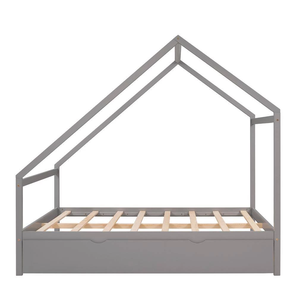 Gray Full Size Wooden House. Bed with Twin Size Trundle by GODEER - Image 6