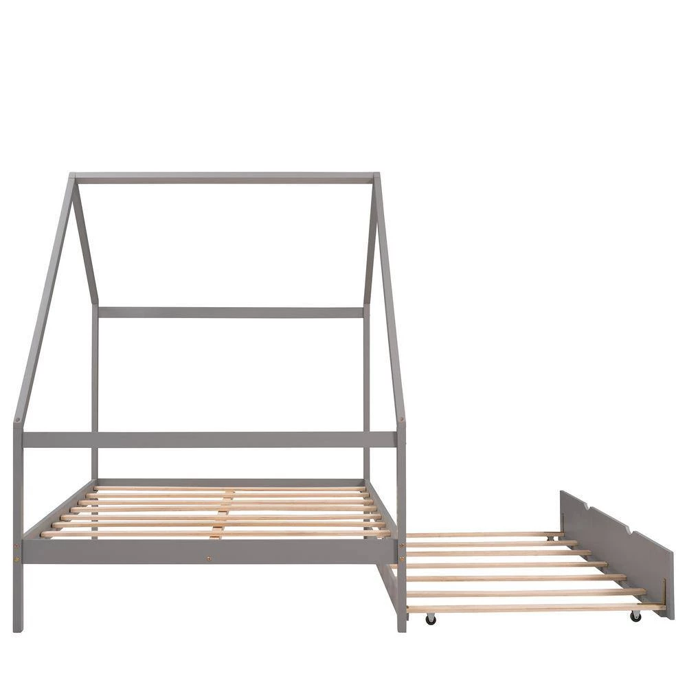 Gray Full Size Wooden House. Bed with Twin Size Trundle by GODEER - Image 4