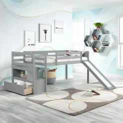 Gray Twin Low Loft Bed with Stairs and Slide by GODEER