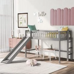 Gray Twin Size Low Loft Bed with Ladder and Slide by GODEER