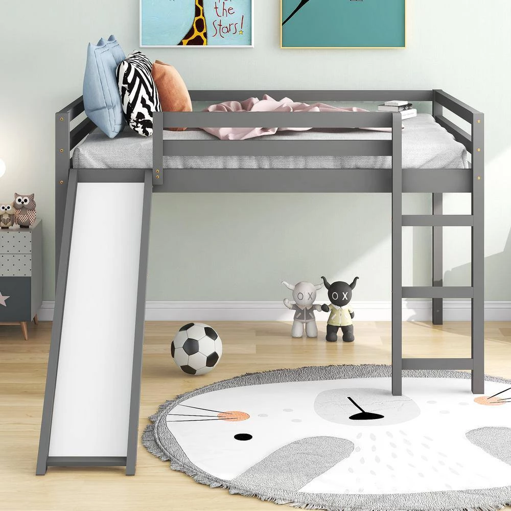 Gray Loft Bed with Slide, Multifunctional Design by GODEER - Image 10