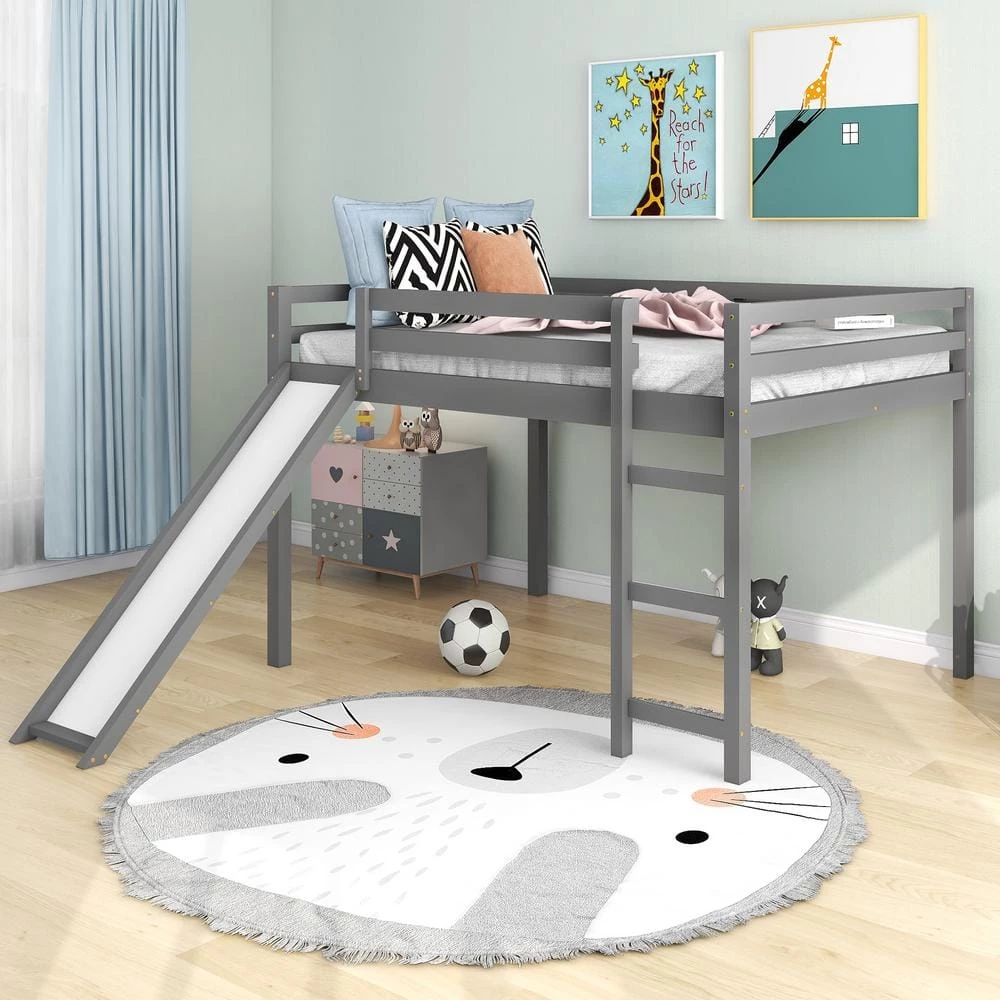 Gray Loft Bed with Slide, Multifunctional Design by GODEER