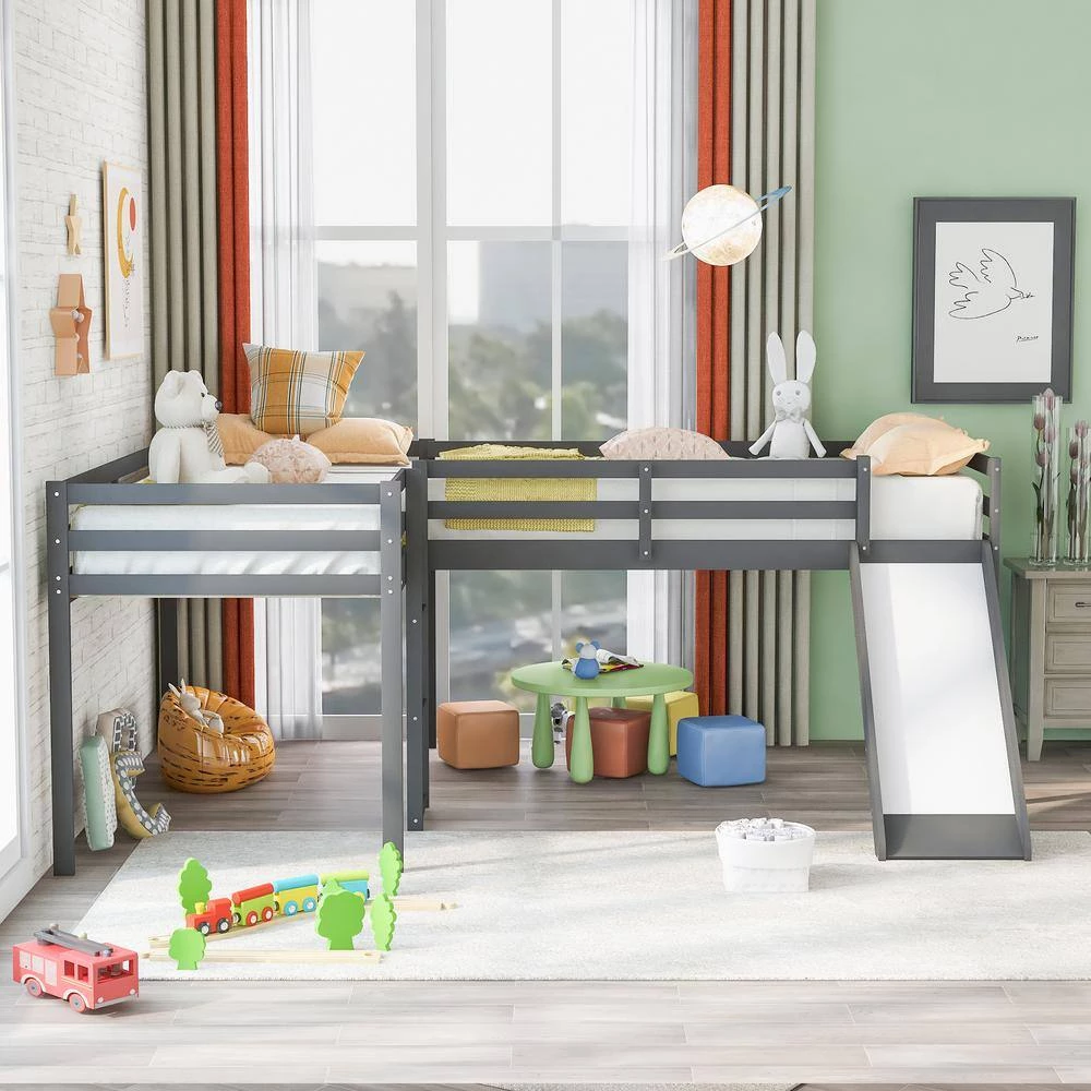 Gray L-Shaped Twin Size Loft Bed with Ladder and Slide by GODEER - Image 7