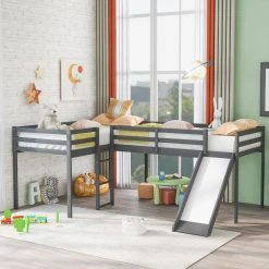 Gray L-Shaped Twin Size Loft Bed with Ladder and Slide by GODEER
