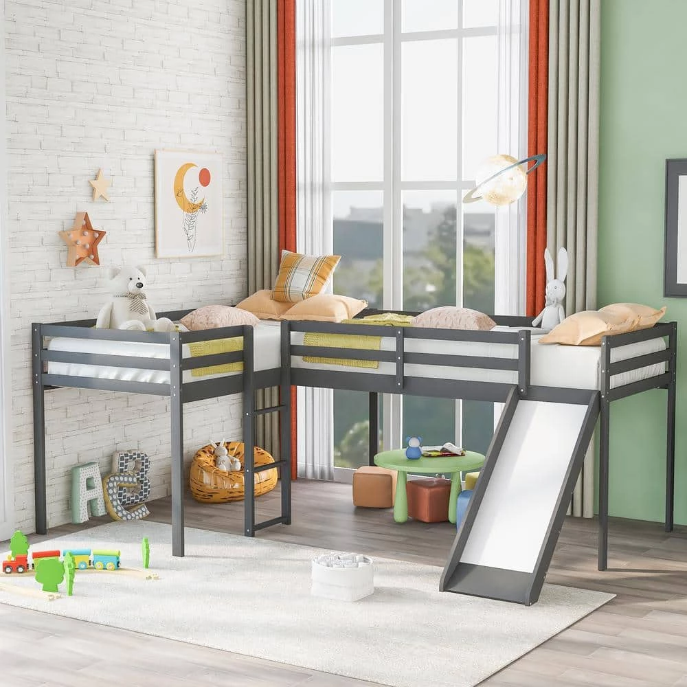 Gray L-Shaped Twin Size Loft Bed with Ladder and Slide by GODEER