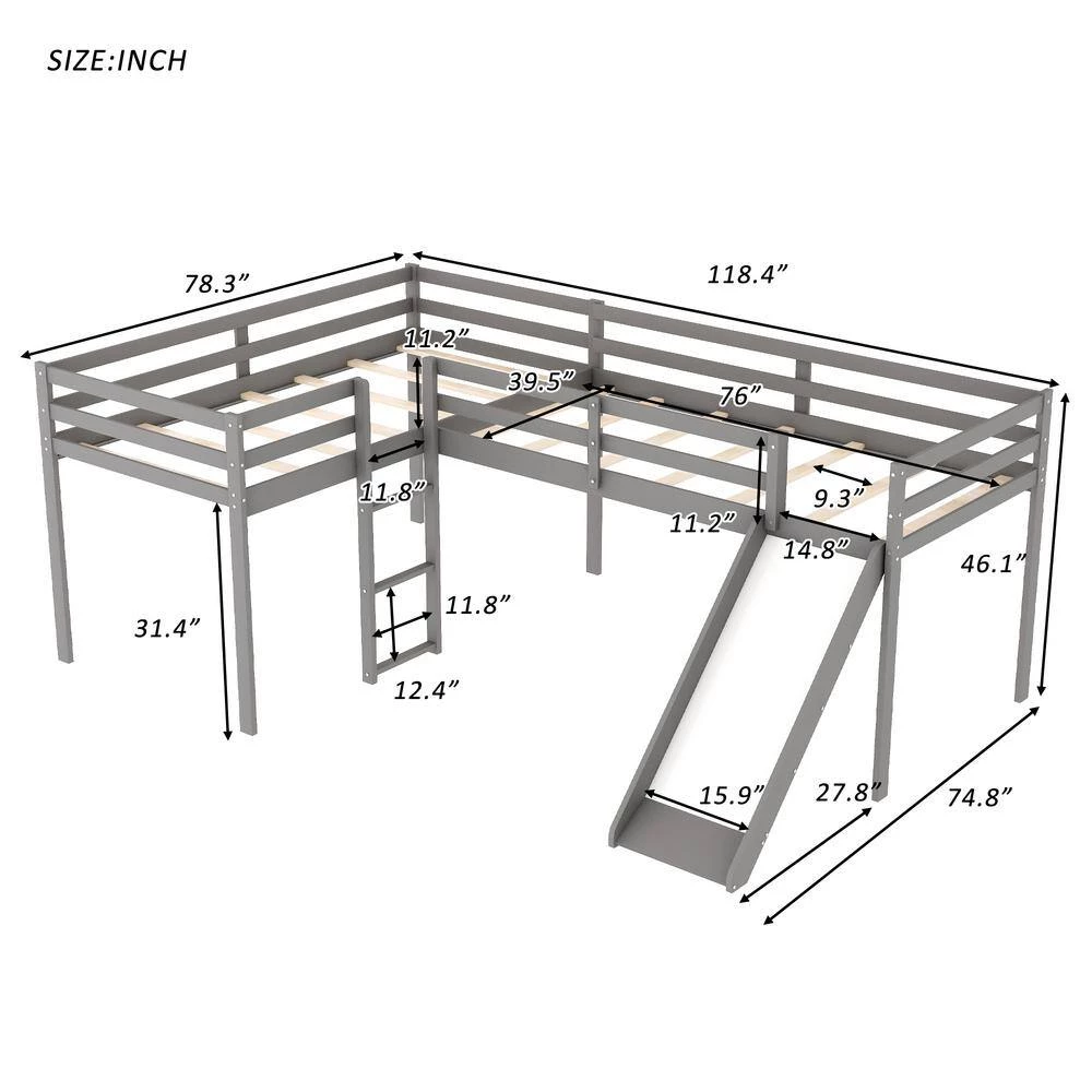 Gray L-Shaped Twin Size Loft Bed with Ladder and Slide by GODEER - Image 3