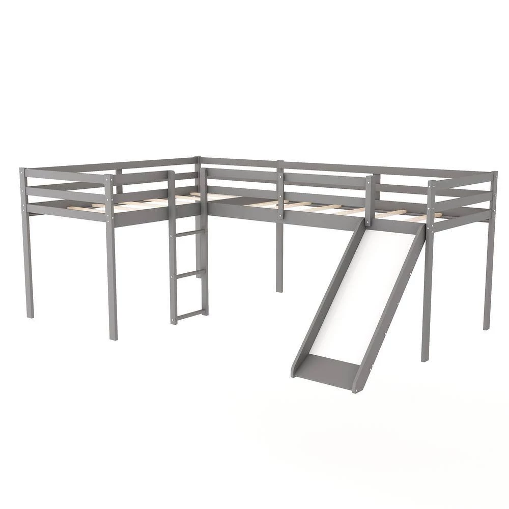 Gray L-Shaped Twin Size Loft Bed with Ladder and Slide by GODEER - Image 4