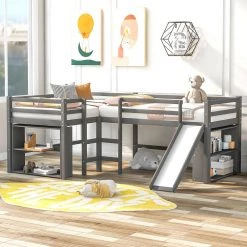 Gray Twin Size L-Shaped Loft Bed with Movable 2-Tier Shelves and Slide by GODEER