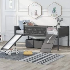 Gray Twin Size Loft Bed Wood Bed with Two Storage Boxes by GODEER