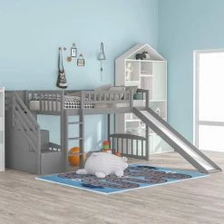 Gray Stairway Twin Size Loft Bed with 2-Drawers and Slide by GODEER