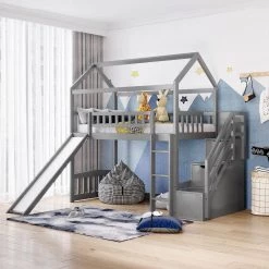 Gray Twin Loft Bed with Two Drawers and Slide, House Bed with Slide by GODEER