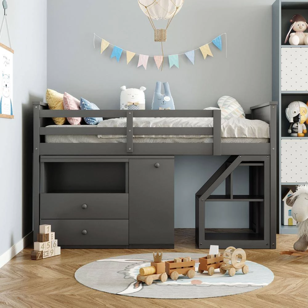 Gray Twin Size Loft Bed with Storage Steps and Portable Desk by GODEER - Image 11