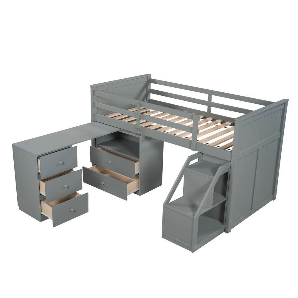 Gray Twin Size Loft Bed with Storage Steps and Portable Desk by GODEER - Image 2