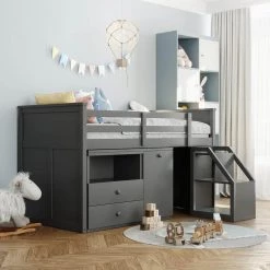 Gray Twin Size Loft Bed with Storage Steps and Portable Desk by GODEER