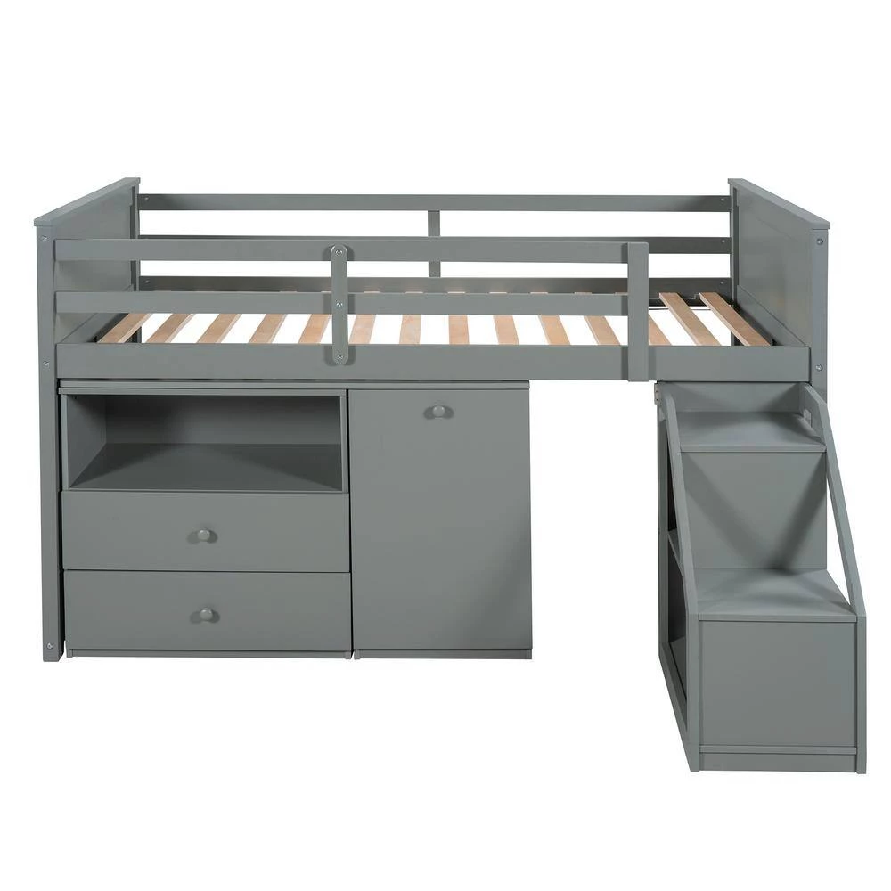 Gray Twin Size Loft Bed with Storage Steps and Portable Desk by GODEER - Image 5