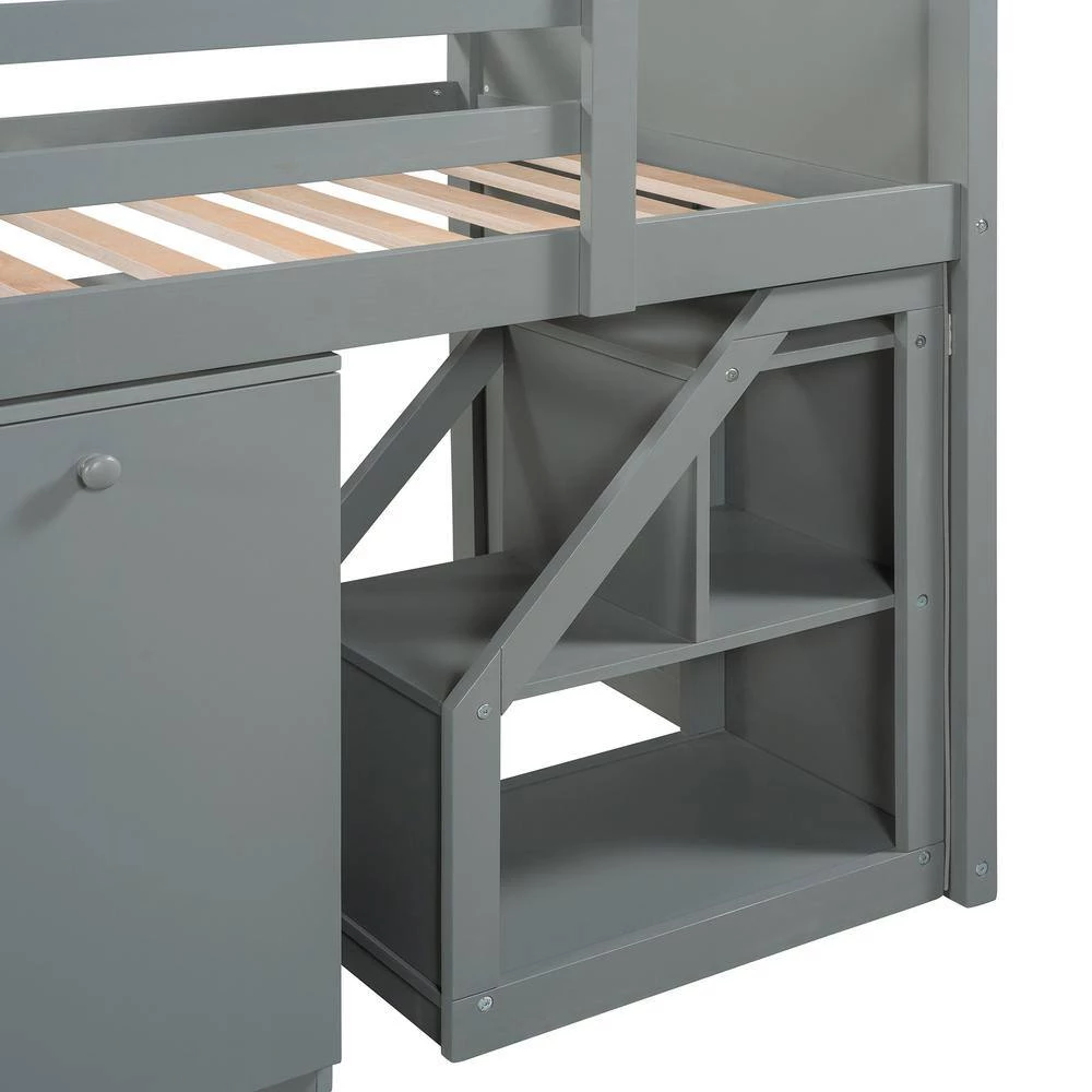 Gray Twin Size Loft Bed with Storage Steps and Portable Desk by GODEER - Image 10