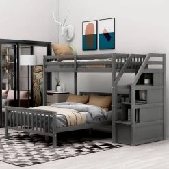 Gray Twin Over Full Loft Bed with Staircase by GODEER