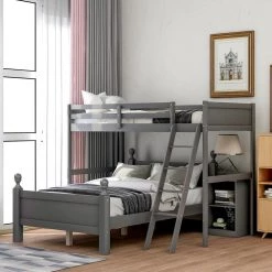 Gray Twin over Full Loft Bed with Cabinet by GODEER