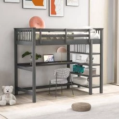 Gray Twin Size Loft Bed with Storage Shelves and Under-bed Desk by GODEER