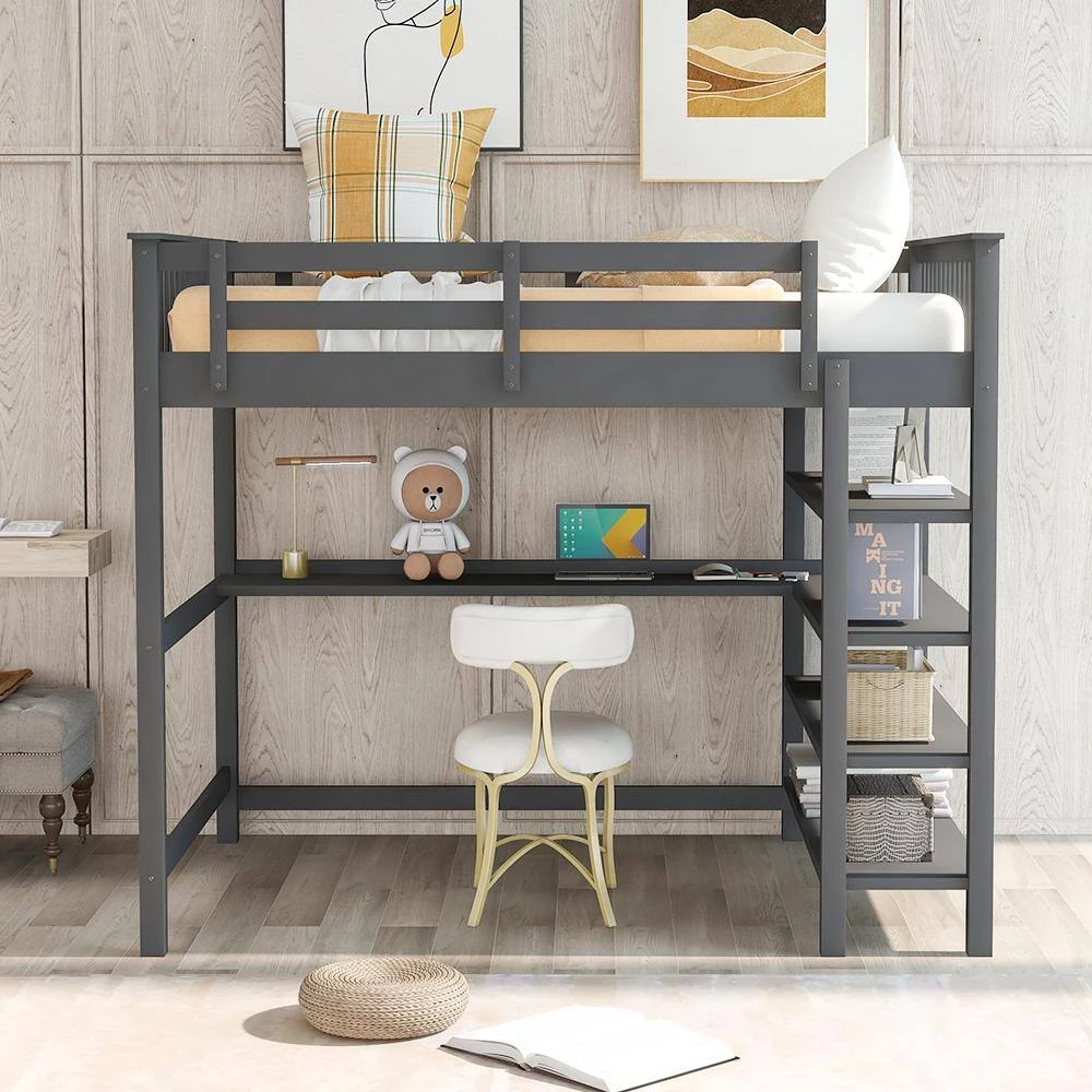 Gray Full Size Loft Bed with Storage Shelves and Under-bed Desk by GODEER - Image 10