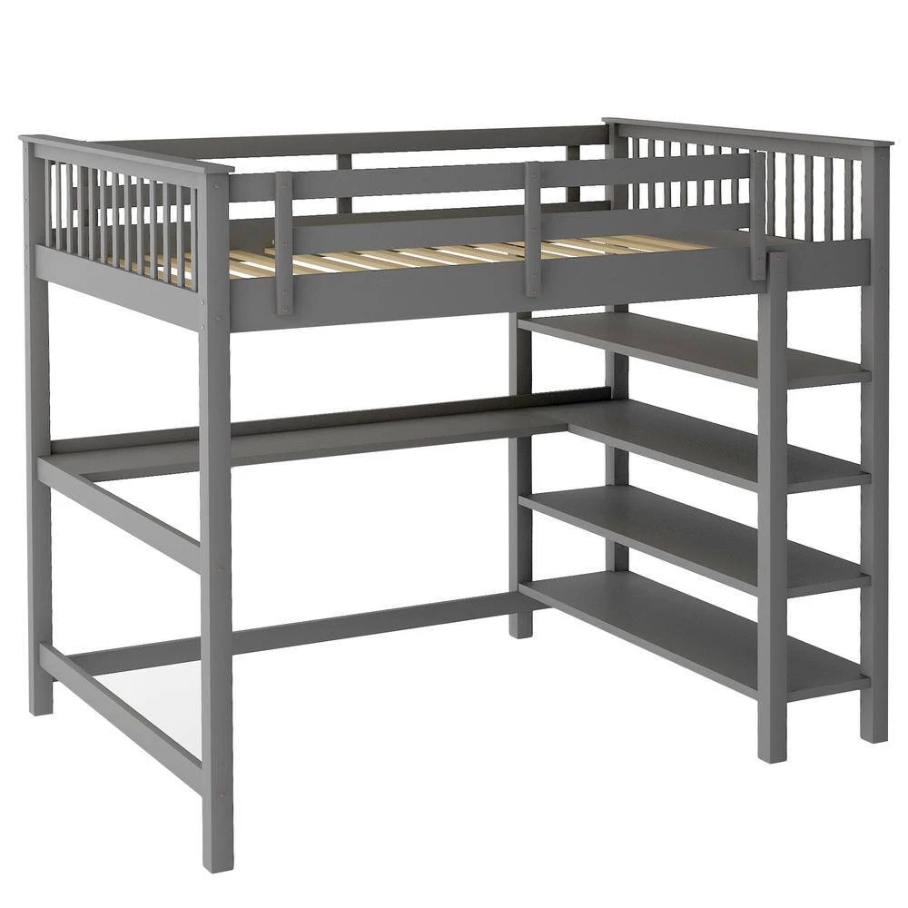 Gray Full Size Loft Bed with Storage Shelves and Under-bed Desk by GODEER - Image 3