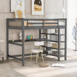 Gray Full Size Loft Bed with Storage Shelves and Under-bed Desk by GODEER