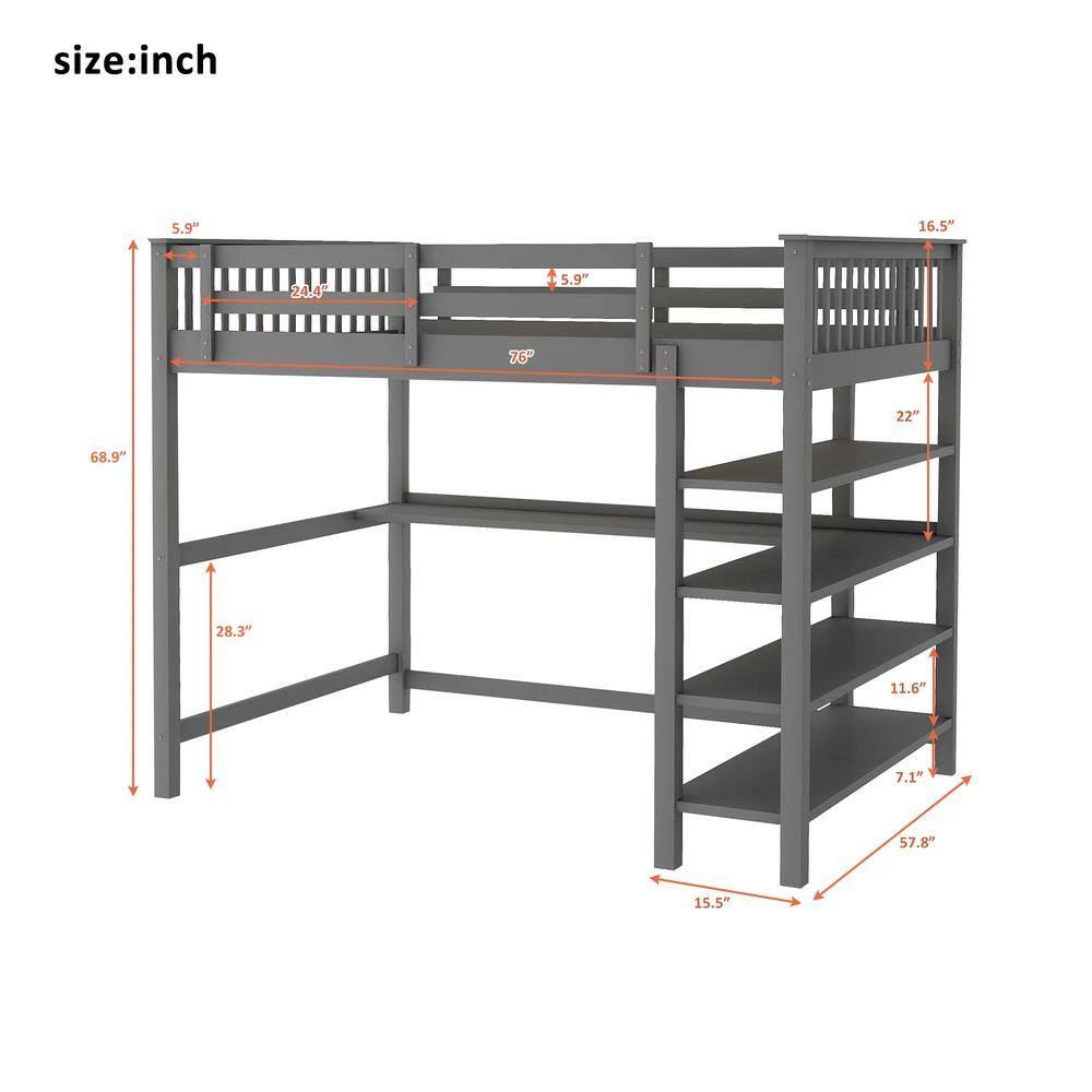 Gray Full Size Loft Bed with Storage Shelves and Under-bed Desk by GODEER - Image 5