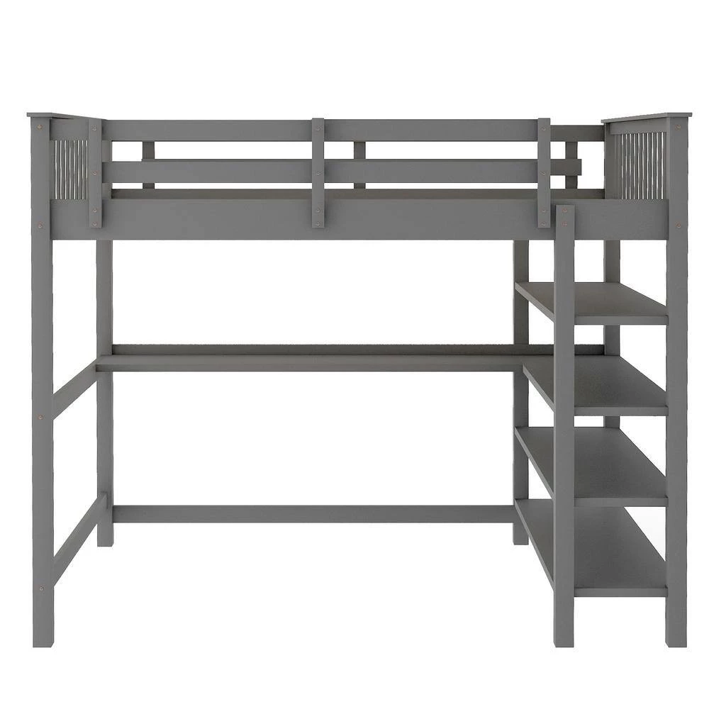 Gray Full Size Loft Bed with Storage Shelves and Under-bed Desk by GODEER - Image 6