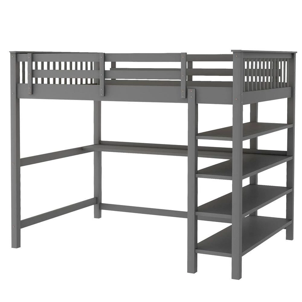 Gray Full Size Loft Bed with Storage Shelves and Under-bed Desk by GODEER - Image 4
