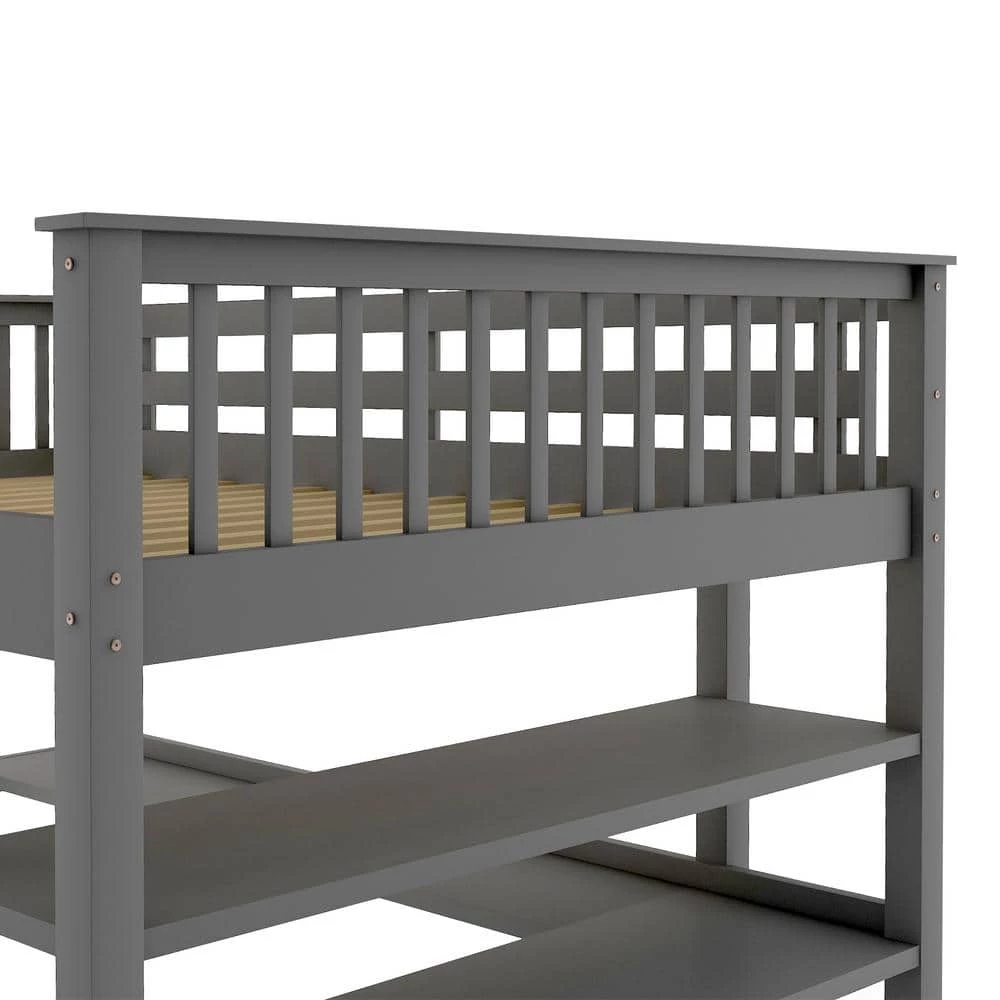 Gray Full Size Loft Bed with Storage Shelves and Under-bed Desk by GODEER - Image 7