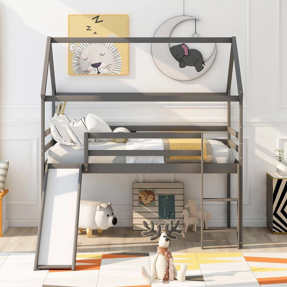 Gray Twin Size Loft Bed with Slide, House Bed with Slide by GODEER - Image 12
