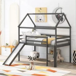 Gray Twin Size Loft Bed with Slide, House Bed with Slide by GODEER
