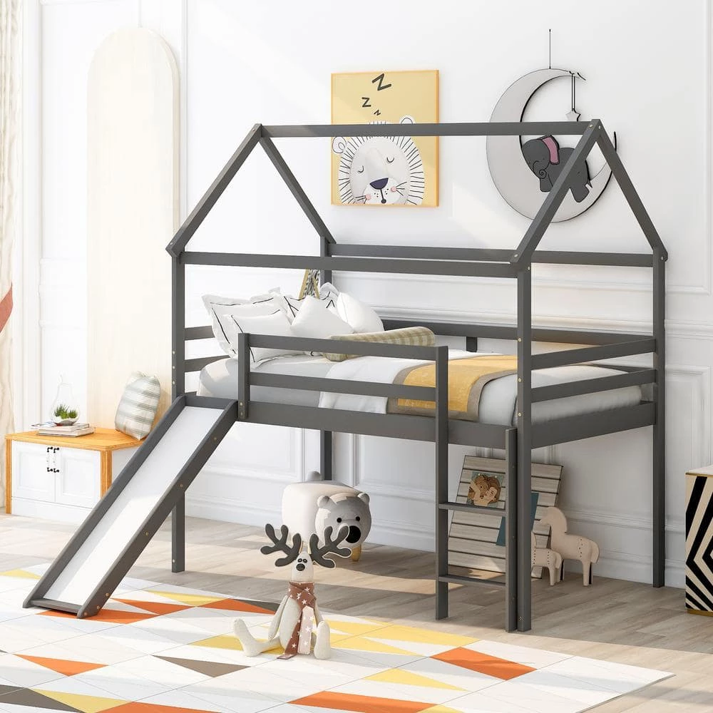 Gray Twin Size Loft Bed with Slide, House Bed with Slide by GODEER