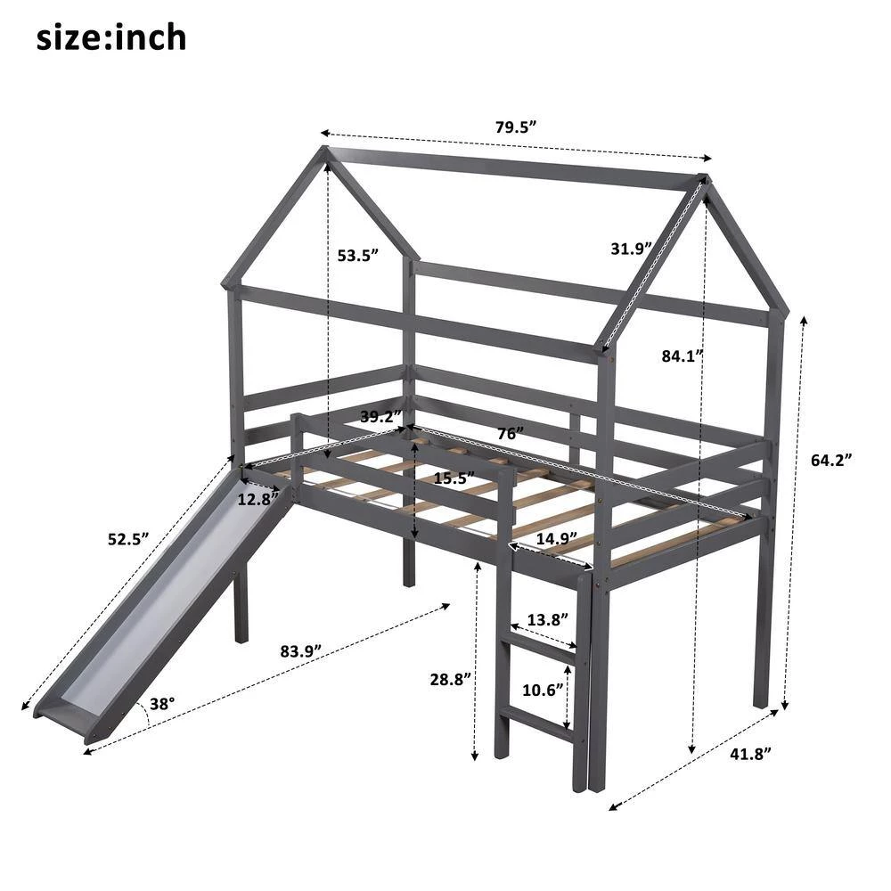 Gray Twin Size Loft Bed with Slide, House Bed with Slide by GODEER - Image 5