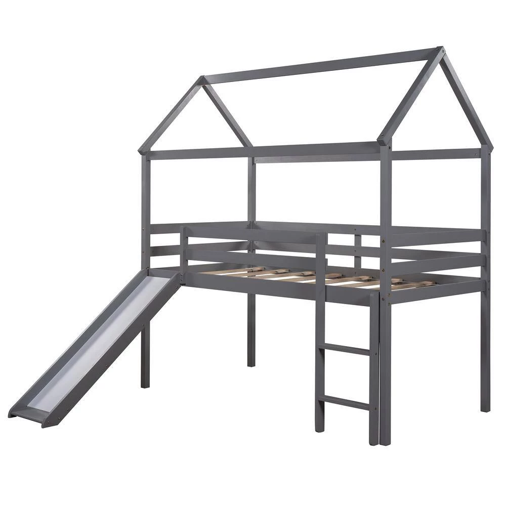 Gray Twin Size Loft Bed with Slide, House Bed with Slide by GODEER - Image 4