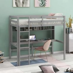Gray Twin Size Loft Bed with Convenient Desk, Shelves, and Ladder by GODEER